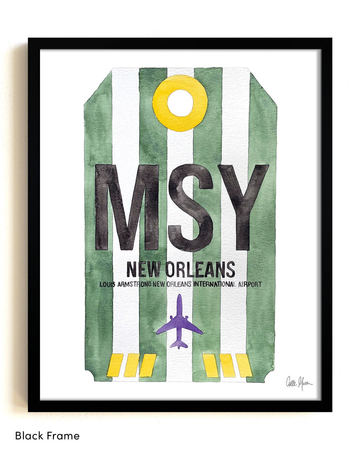 Framed Watercolor Print of Louis Armstrong New Orleans International Airport (MSY) with a Black Frame
