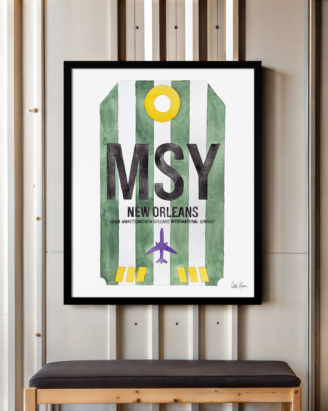 Framed Watercolor Print of Louis Armstrong New Orleans International Airport (MSY) with a Black Frame