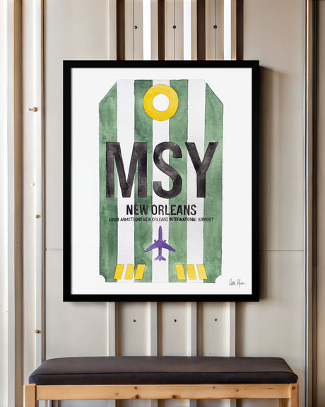 Framed Watercolor Print of Louis Armstrong New Orleans International Airport (MSY) with a Black Frame