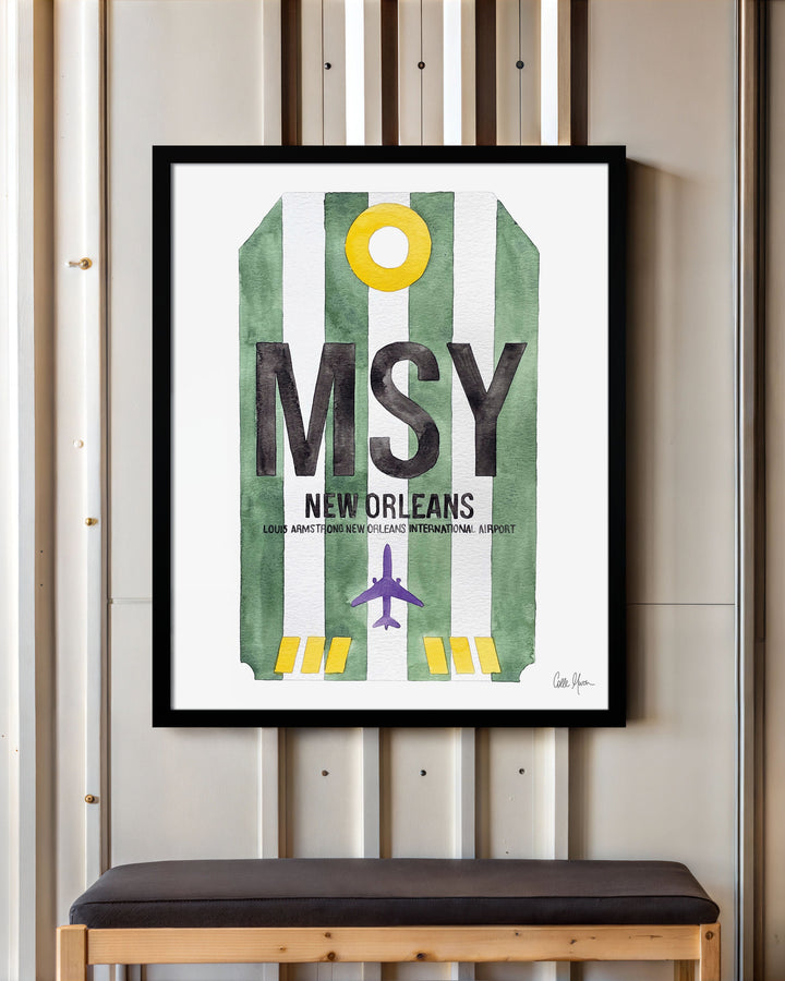 Framed Watercolor Print of Louis Armstrong New Orleans International Airport (MSY) with a Black Frame