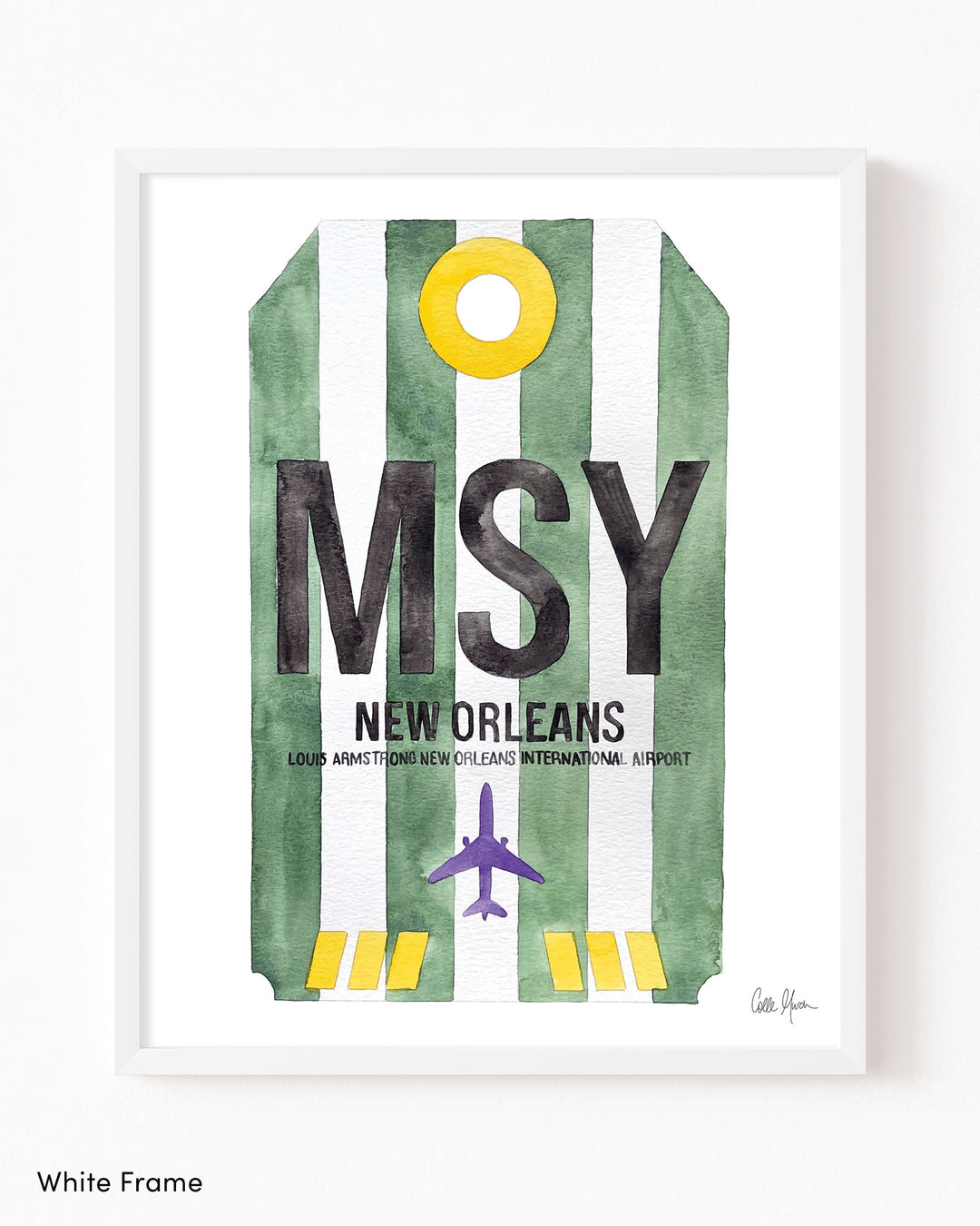 Framed Watercolor Print of Louis Armstrong New Orleans International Airport (MSY) with a White Frame