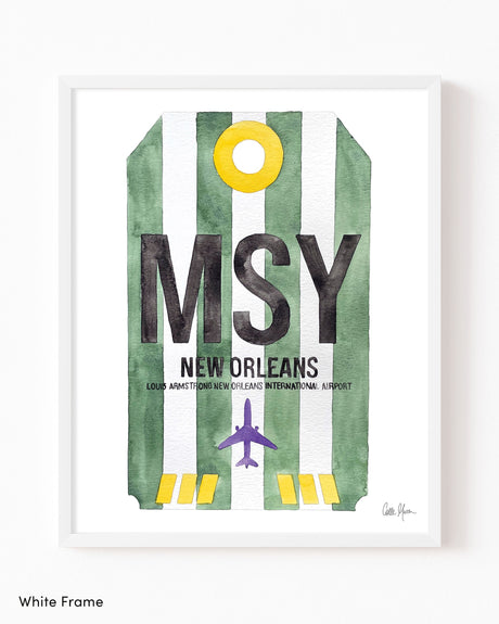 Framed Watercolor Print of Louis Armstrong New Orleans International Airport (MSY) with a White Frame