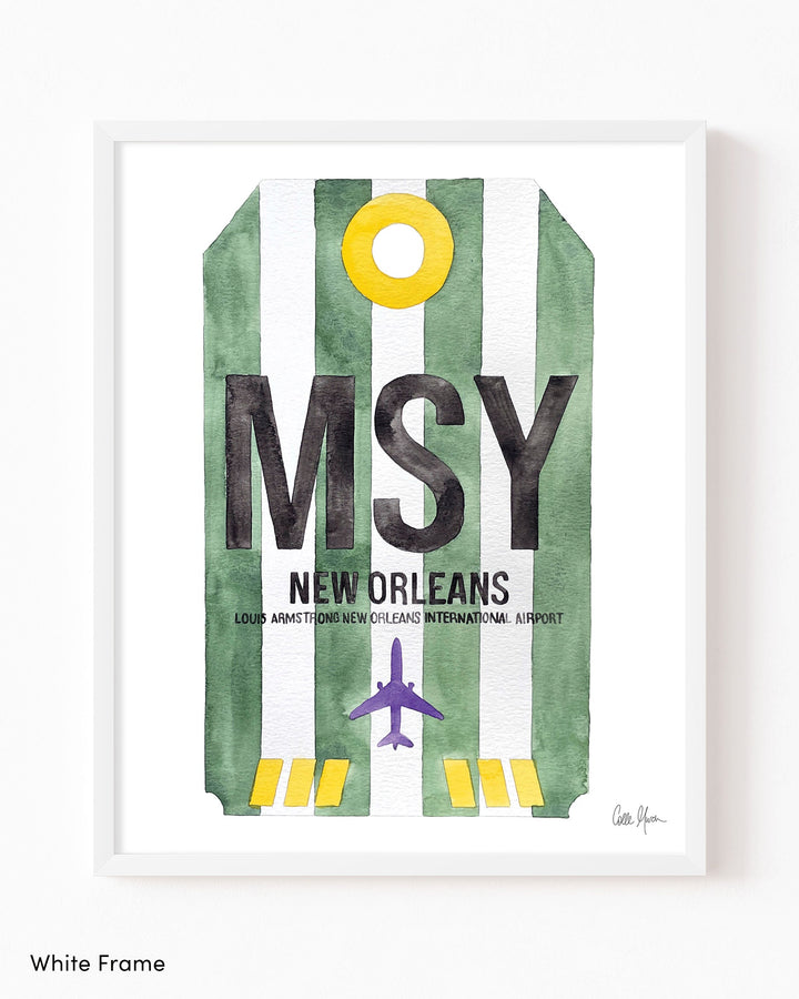 Framed Watercolor Print of Louis Armstrong New Orleans International Airport (MSY) with a White Frame