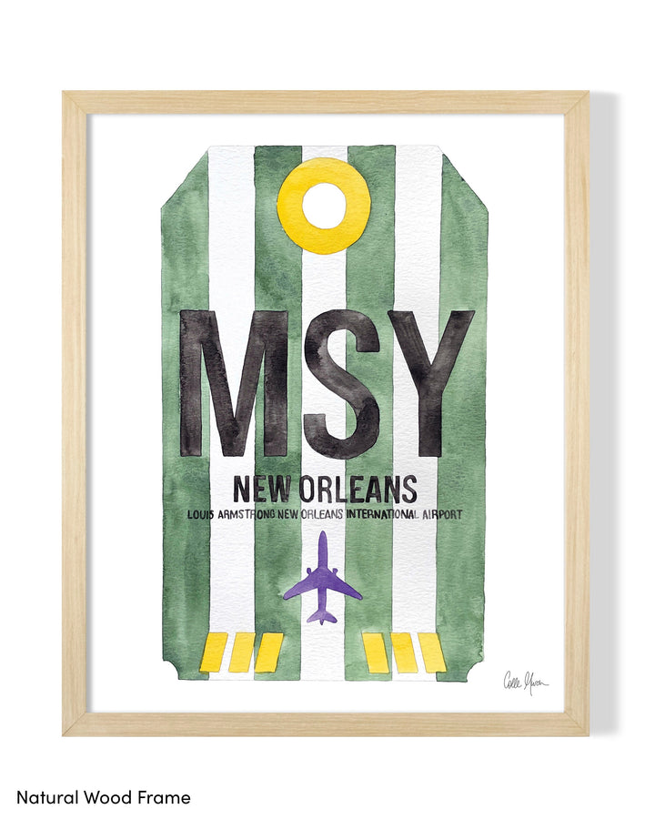 Framed Watercolor Print of Louis Armstrong New Orleans International Airport (MSY) with a Natural Wood Frame