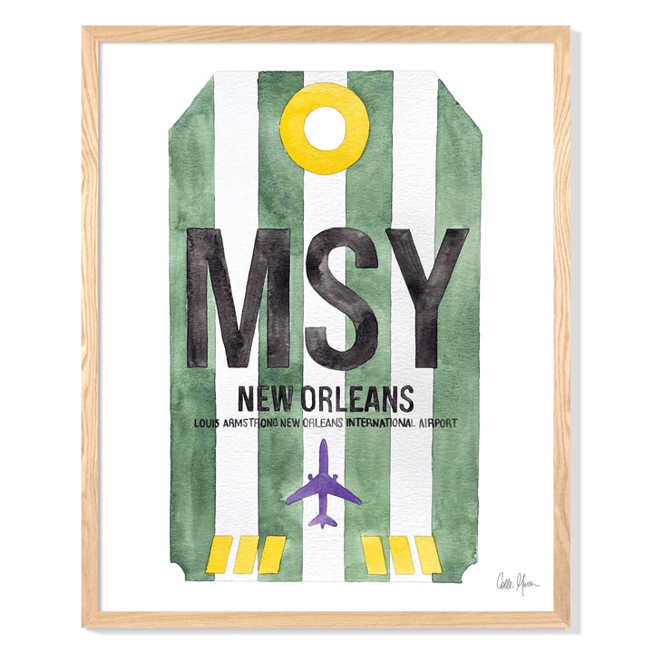 Framed Watercolor Print of Louis Armstrong New Orleans International Airport (MSY) with an Oak Frame