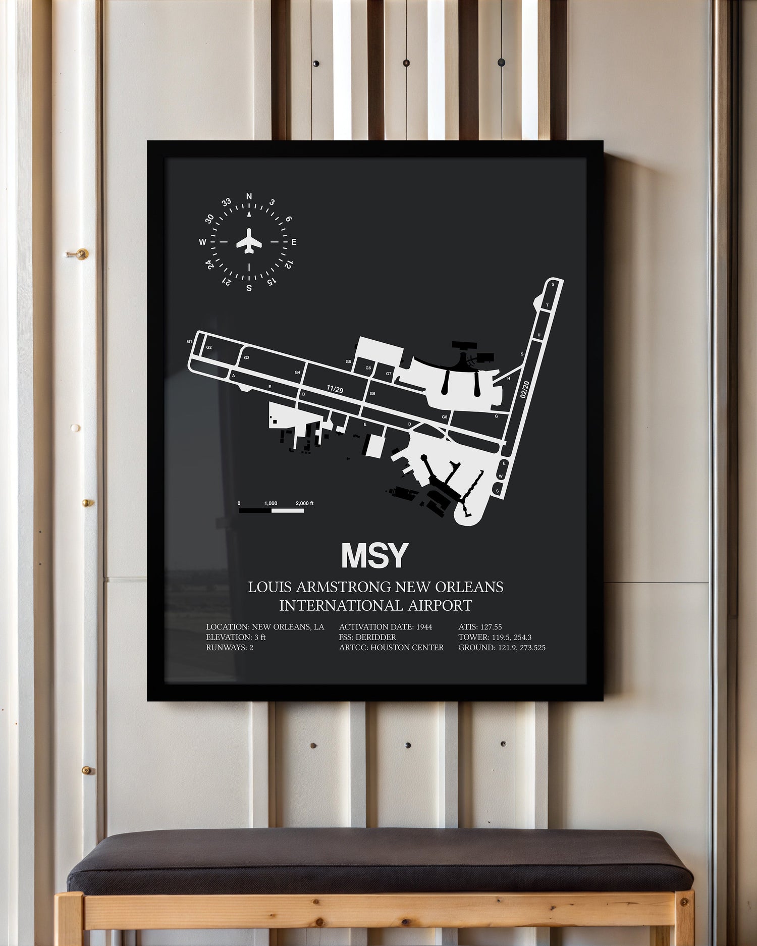 Framed Detailed Airport Map of Louis Armstrong New Orleans International Airport (MSY) in Gray with a Black Frame