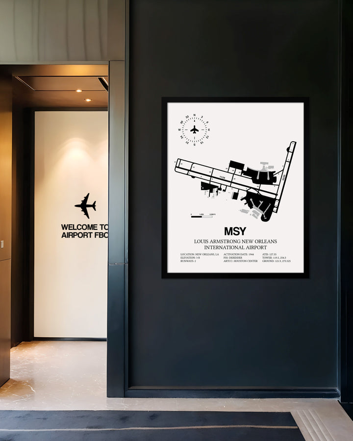 Framed Detailed Airport Map of Louis Armstrong New Orleans International Airport (MSY) in White with a Black Frame