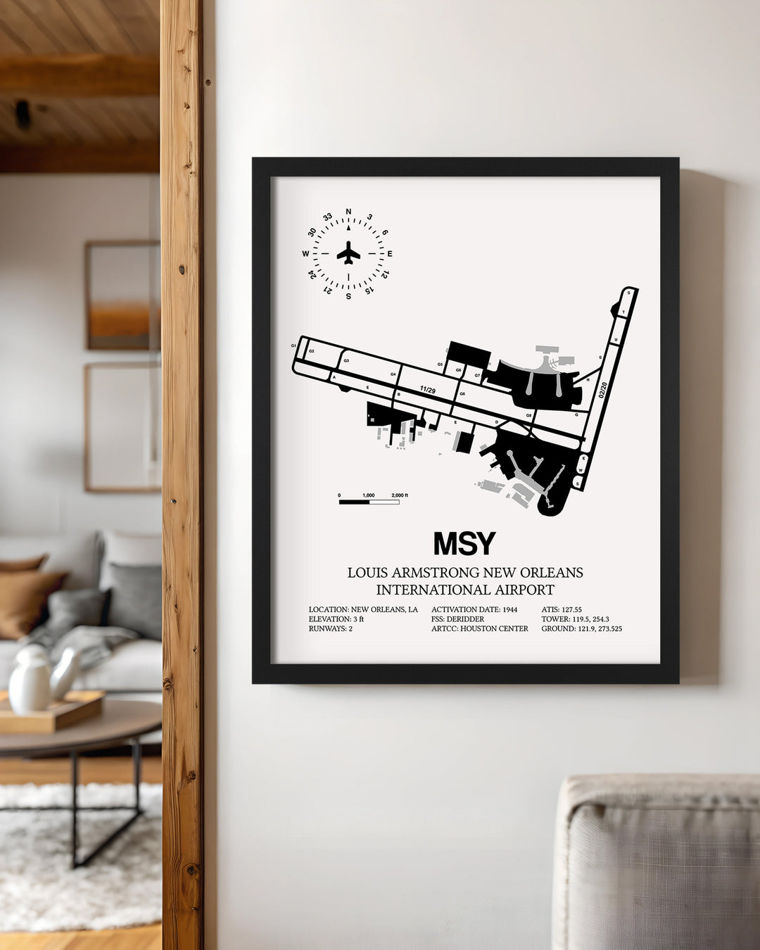 Framed Detailed Airport Map of Louis Armstrong New Orleans International Airport (MSY) in White with a Black Frame