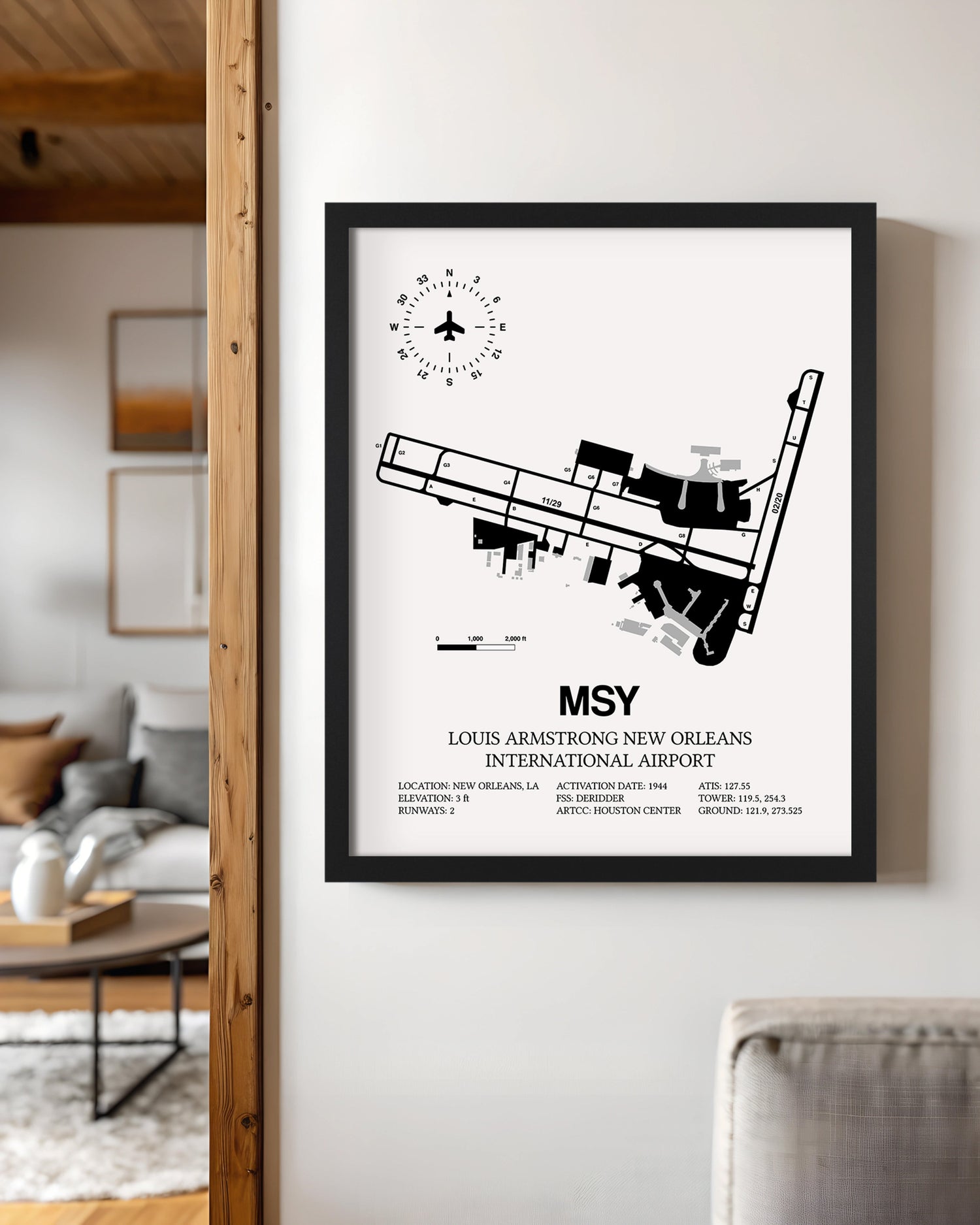 Framed Detailed Airport Map of Louis Armstrong New Orleans International Airport (MSY) in White with a Black Frame