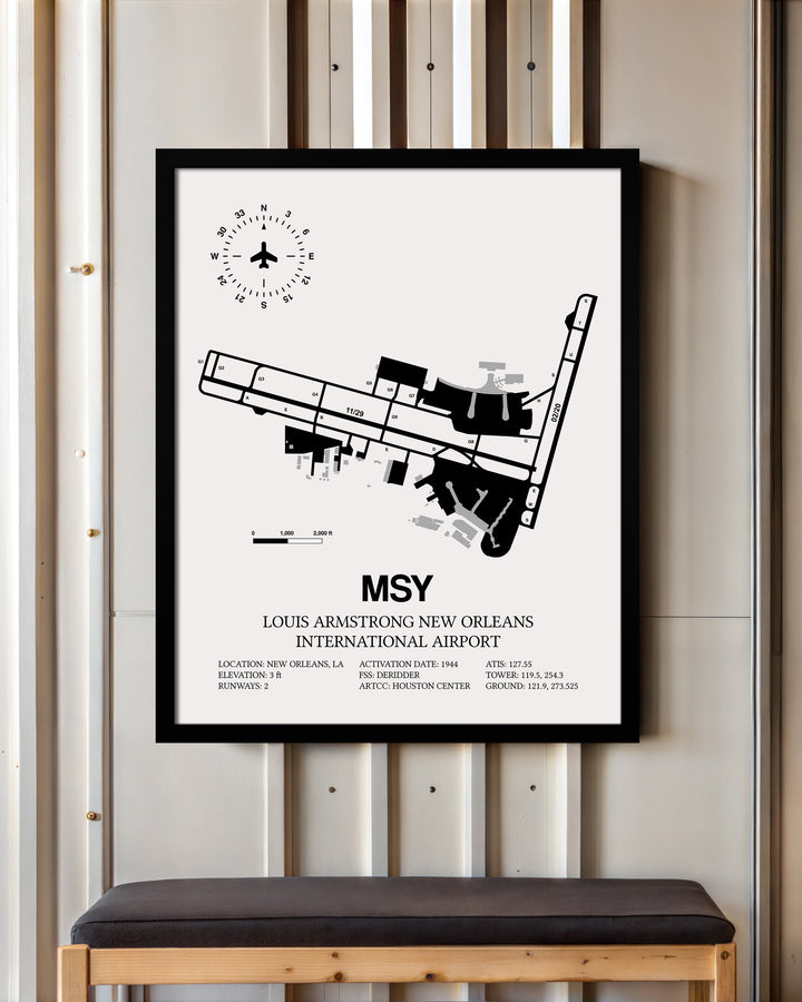Framed Detailed Airport Map of Louis Armstrong New Orleans International Airport (MSY) in White with a Black Frame