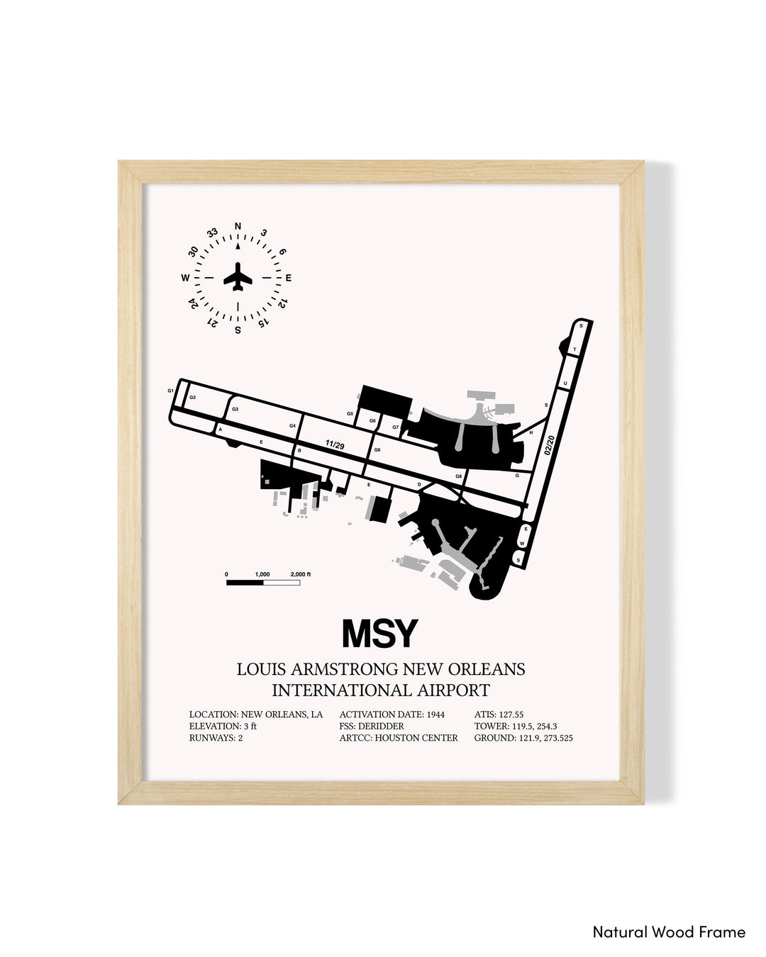 Detailed Airport Map of Louis Armstrong New Orleans International Airport (MSY) in White with a Natural Frame