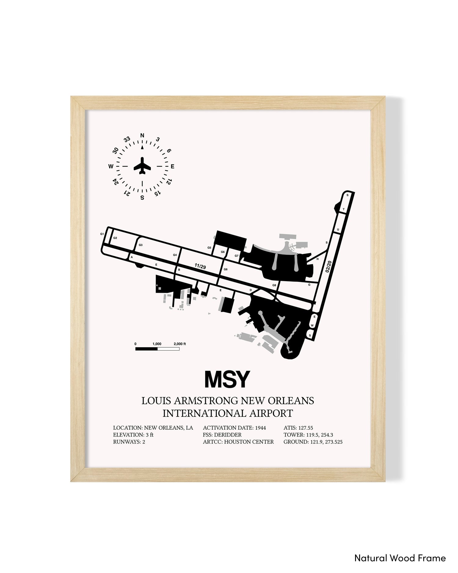 Detailed Airport Map of Louis Armstrong New Orleans International Airport (MSY) in White with a Natural Frame