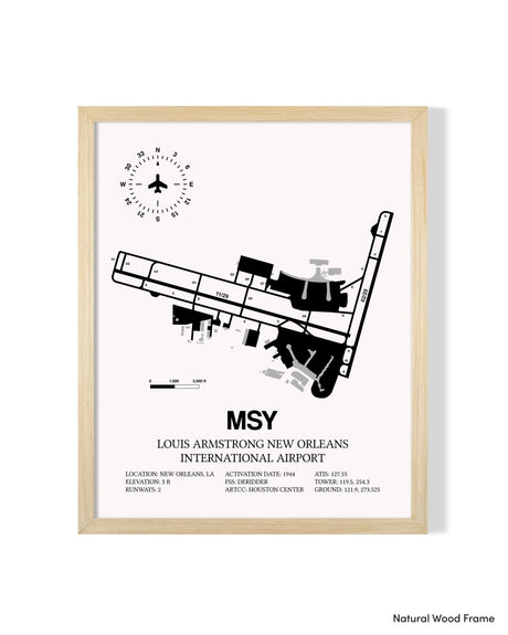 Detailed Airport Map of Louis Armstrong New Orleans International Airport (MSY) in White with a Natural Frame