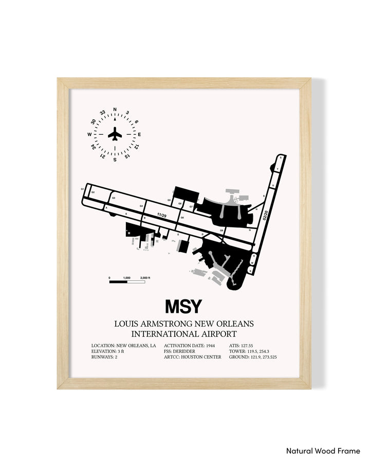 Detailed Airport Map of Louis Armstrong New Orleans International Airport (MSY) in White with a Natural Frame