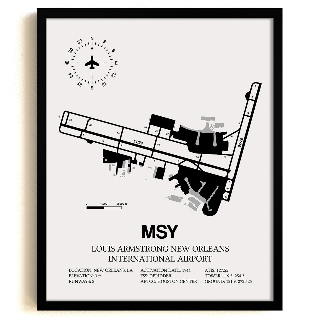 Framed Detailed Airport Map of Louis Armstrong New Orleans International Airport (MSY) in White with a Black Frame