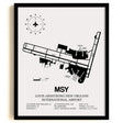 Framed Detailed Airport Map of Louis Armstrong New Orleans International Airport (MSY) in White with a Black Frame