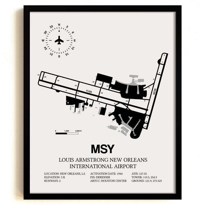 Framed Detailed Airport Map of Louis Armstrong New Orleans International Airport (MSY) in White with a Black Frame