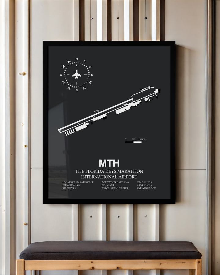 Framed Detailed Airport Map of The Florida Keys Marathon International Airport (MTH) in Gray with a Black Frame