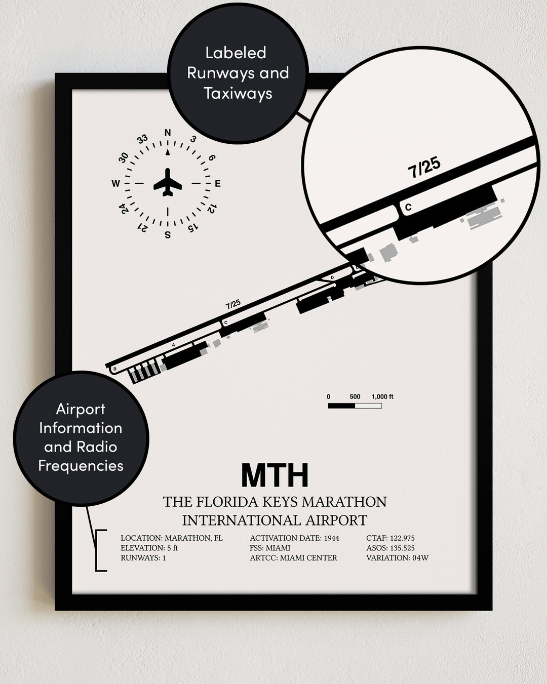 Framed Detailed Airport Map of The Florida Keys Marathon International Airport (MTH) in White with a Black Frame