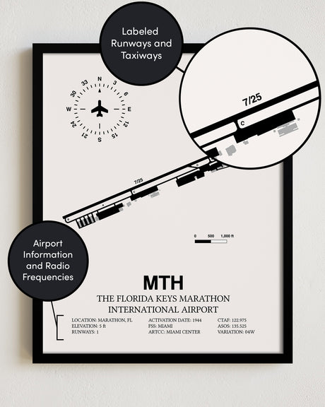 Framed Detailed Airport Map of The Florida Keys Marathon International Airport (MTH) in White with a Black Frame