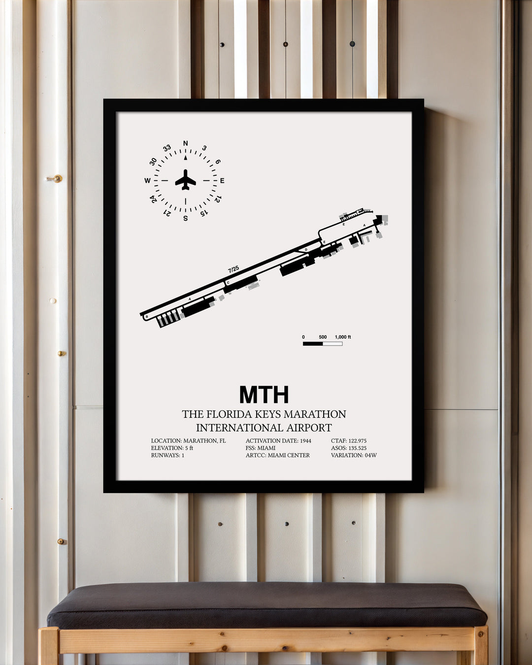 Framed Detailed Airport Map of The Florida Keys Marathon International Airport (MTH) in White with a Black Frame