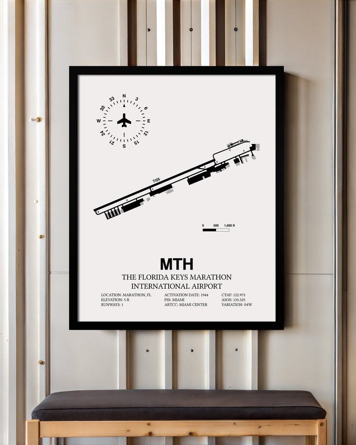 Framed Detailed Airport Map of The Florida Keys Marathon International Airport (MTH) in White with a Black Frame