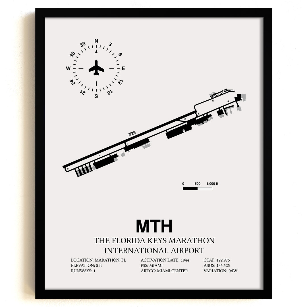 Framed Detailed Airport Map of The Florida Keys Marathon International Airport (MTH) in White with a Black Frame