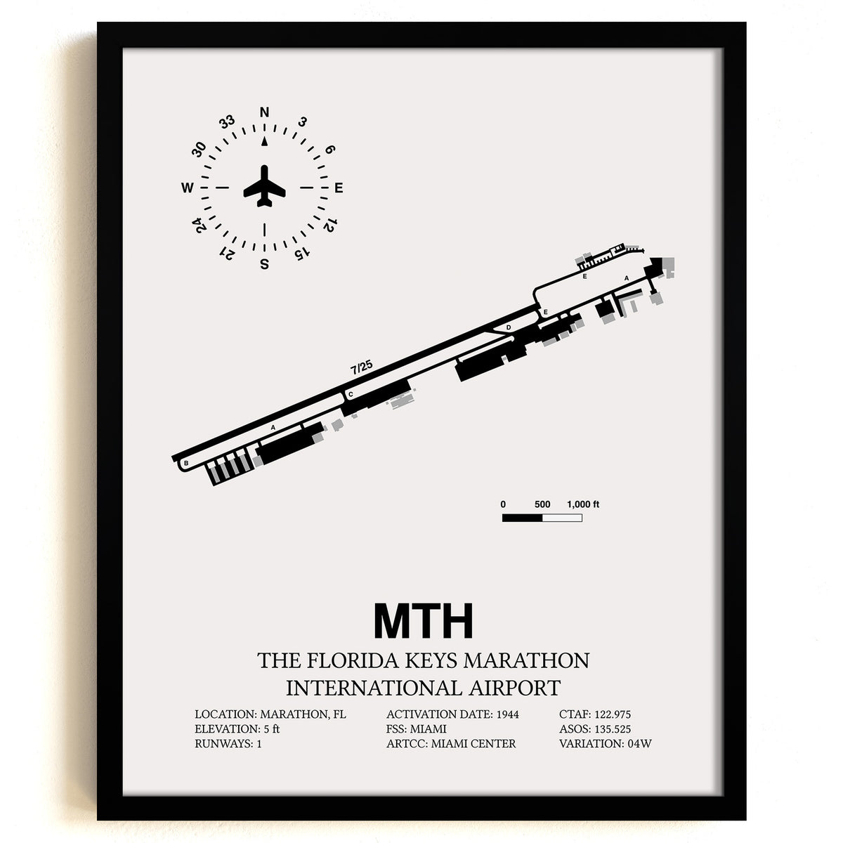 Framed Detailed Airport Map of The Florida Keys Marathon International Airport (MTH) in White with a Black Frame