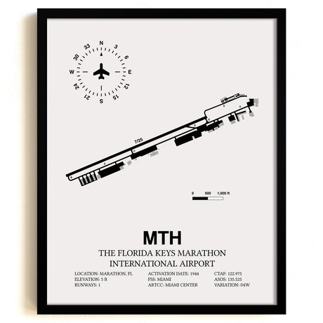 Framed Detailed Airport Map of The Florida Keys Marathon International Airport (MTH) in White with a Black Frame