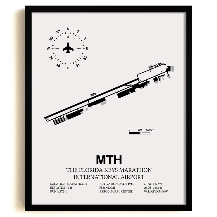 Framed Detailed Airport Map of The Florida Keys Marathon International Airport (MTH) in White with a Black Frame