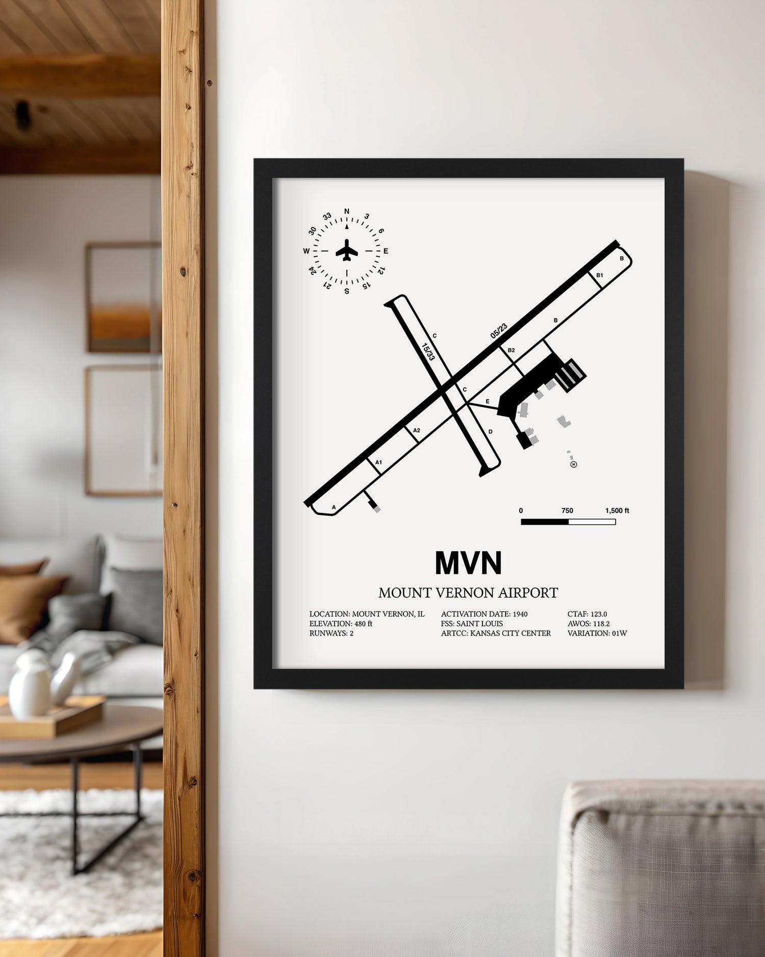 Framed Detailed Airport Map of Mount Vernon Airport (MVN) in White with a Black Frame