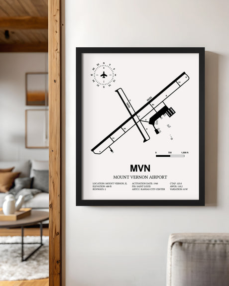 Framed Detailed Airport Map of Mount Vernon Airport (MVN) in White with a Black Frame