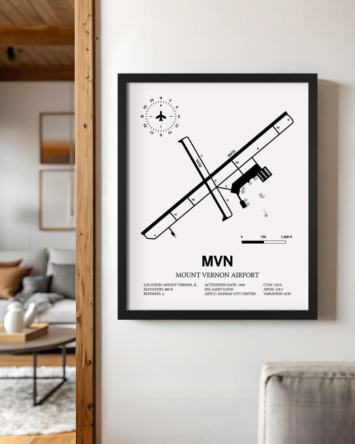 Framed Detailed Airport Map of Mount Vernon Airport (MVN) in White with a Black Frame