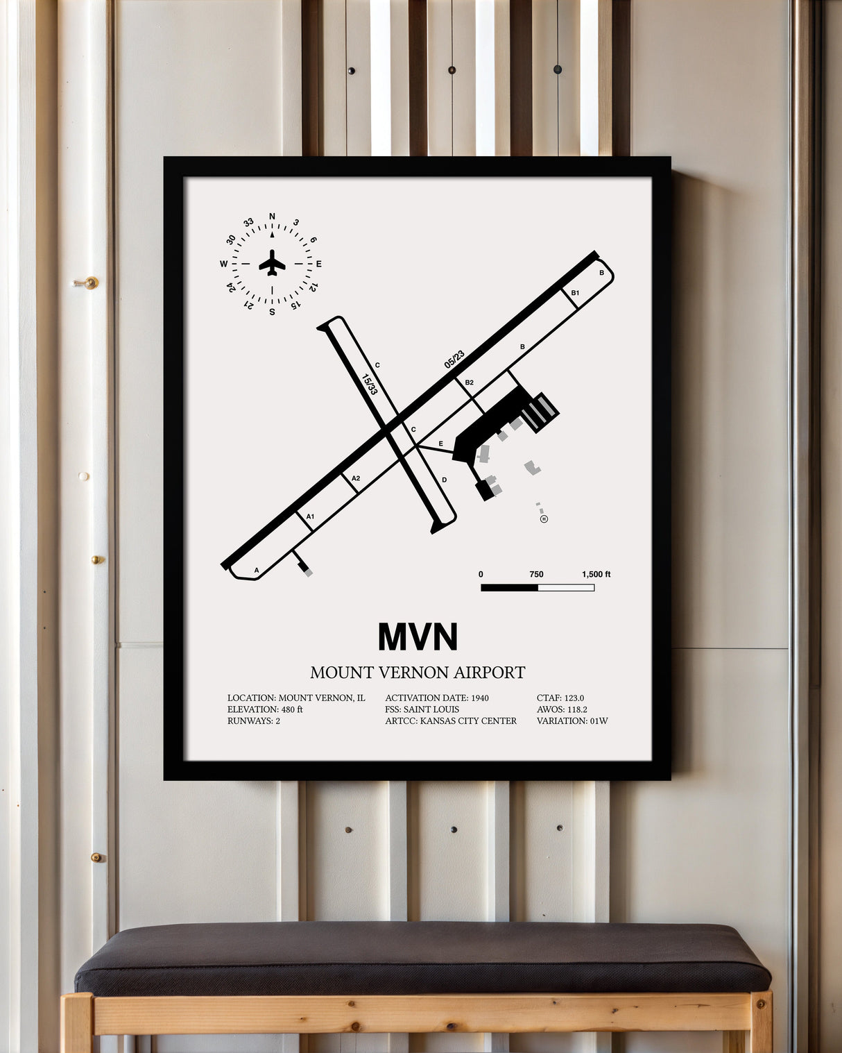 Framed Detailed Airport Map of Mount Vernon Airport (MVN) in White with a Black Frame
