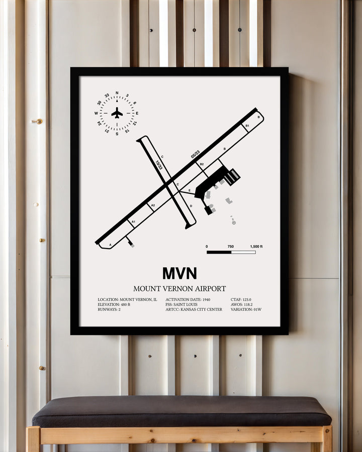 Framed Detailed Airport Map of Mount Vernon Airport (MVN) in White with a Black Frame