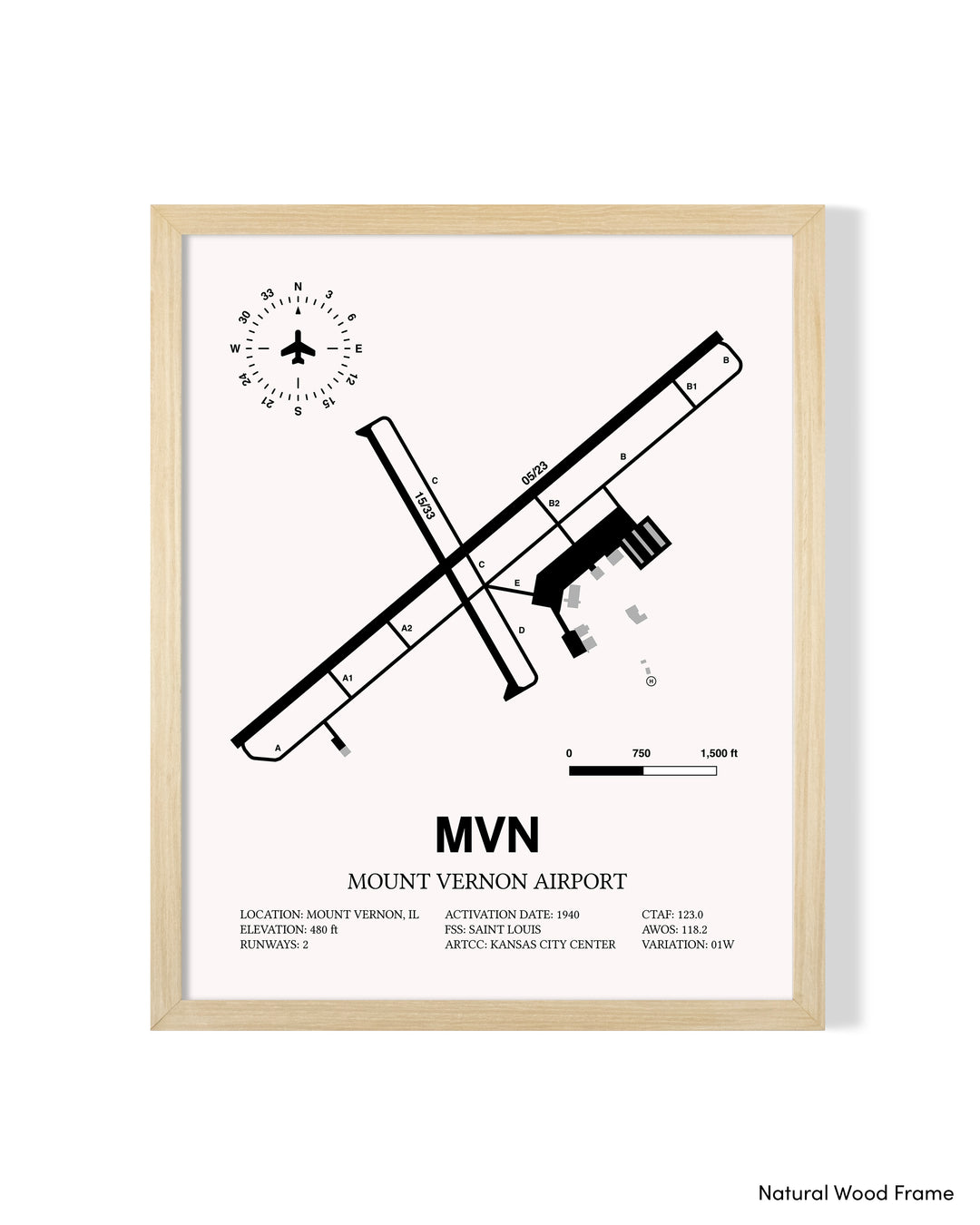 Detailed Airport Map of Mount Vernon Airport (MVN) in White with a Natural Frame