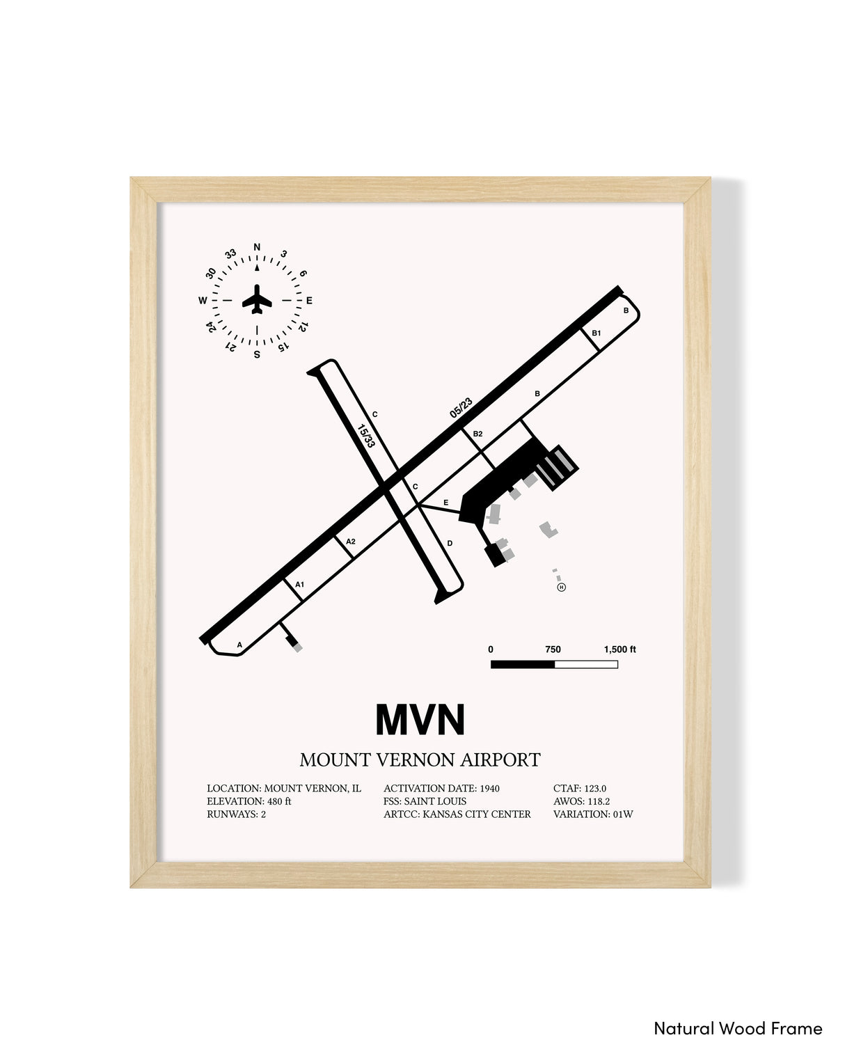 Detailed Airport Map of Mount Vernon Airport (MVN) in White with a Natural Frame