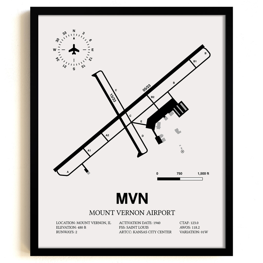 Framed Detailed Airport Map of Mount Vernon Airport (MVN) in White with a Black Frame