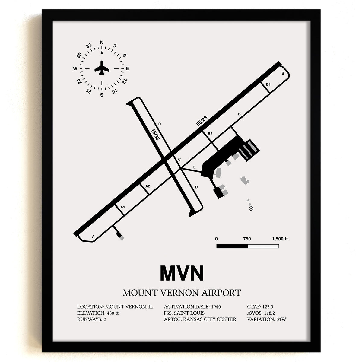 Framed Detailed Airport Map of Mount Vernon Airport (MVN) in White with a Black Frame