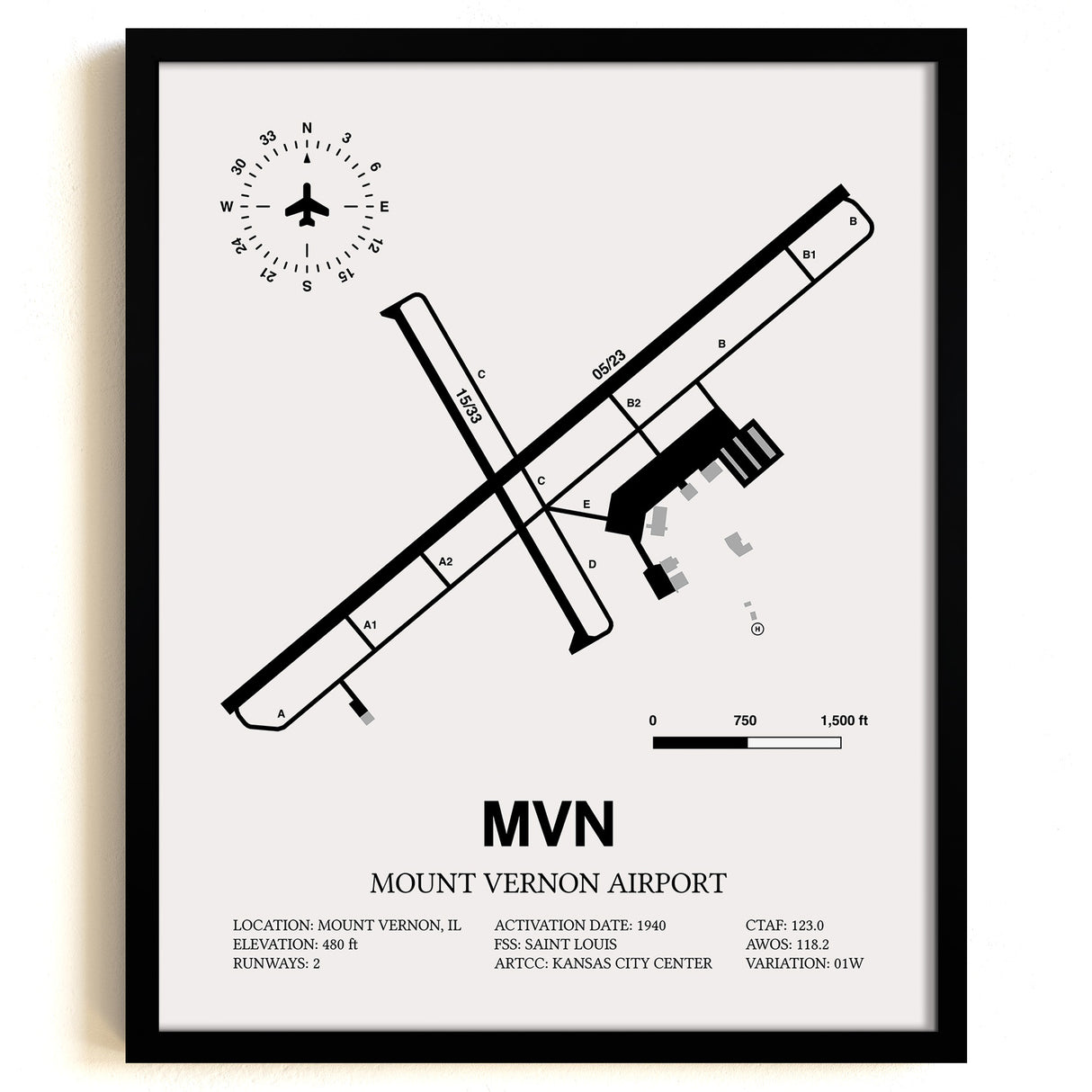 Framed Detailed Airport Map of Mount Vernon Airport (MVN) in White with a Black Frame
