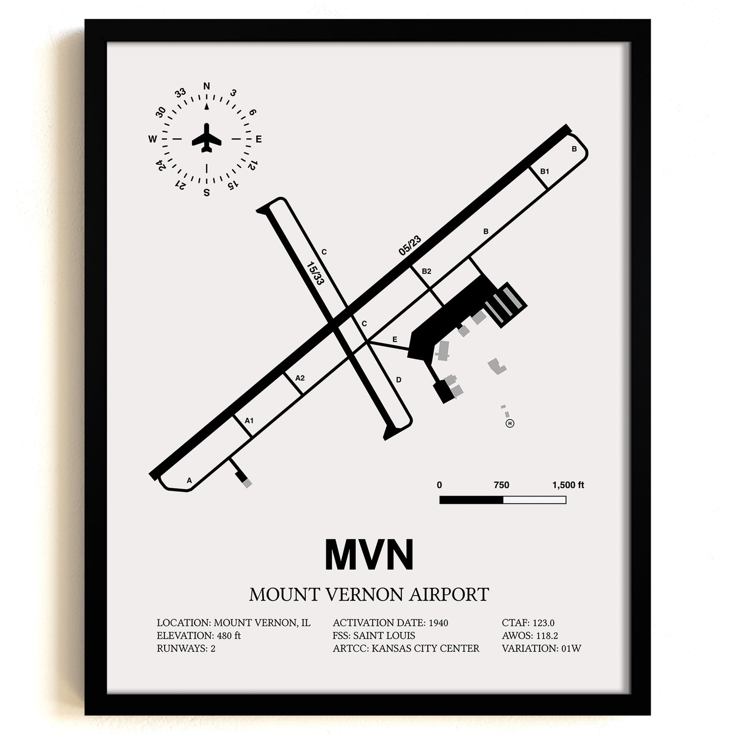 Framed Detailed Airport Map of Mount Vernon Airport (MVN) in White with a Black Frame