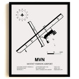 Framed Detailed Airport Map of Mount Vernon Airport (MVN) in White with a Black Frame