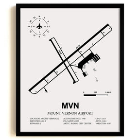 Framed Detailed Airport Map of Mount Vernon Airport (MVN) in White with a Black Frame