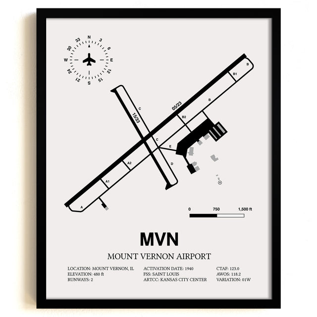 Framed Detailed Airport Map of Mount Vernon Airport (MVN) in White with a Black Frame