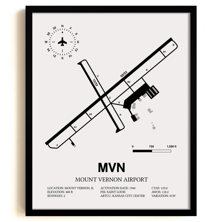 Framed Detailed Airport Map of Mount Vernon Airport (MVN) in White with a Black Frame