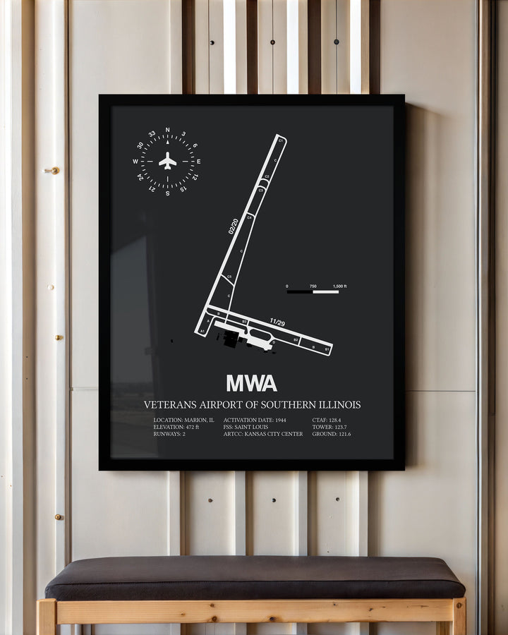 Framed Detailed Airport Map of Veterans Airport Of Southern Illinois (MWA) in Gray with a Black Frame