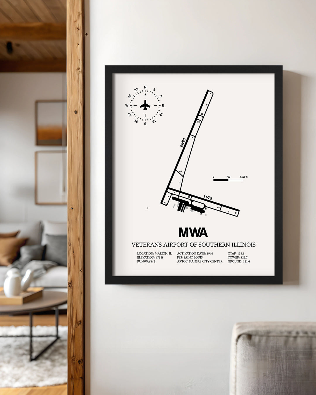 Framed Detailed Airport Map of Veterans Airport Of Southern Illinois (MWA) in White with a Black Frame