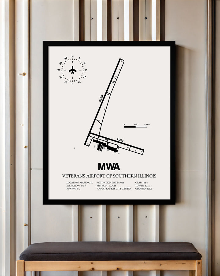 Framed Detailed Airport Map of Veterans Airport Of Southern Illinois (MWA) in White with a Black Frame