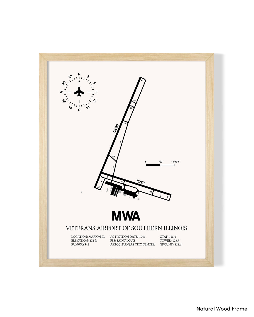 Detailed Airport Map of Veterans Airport Of Southern Illinois (MWA) in White with a Natural Frame
