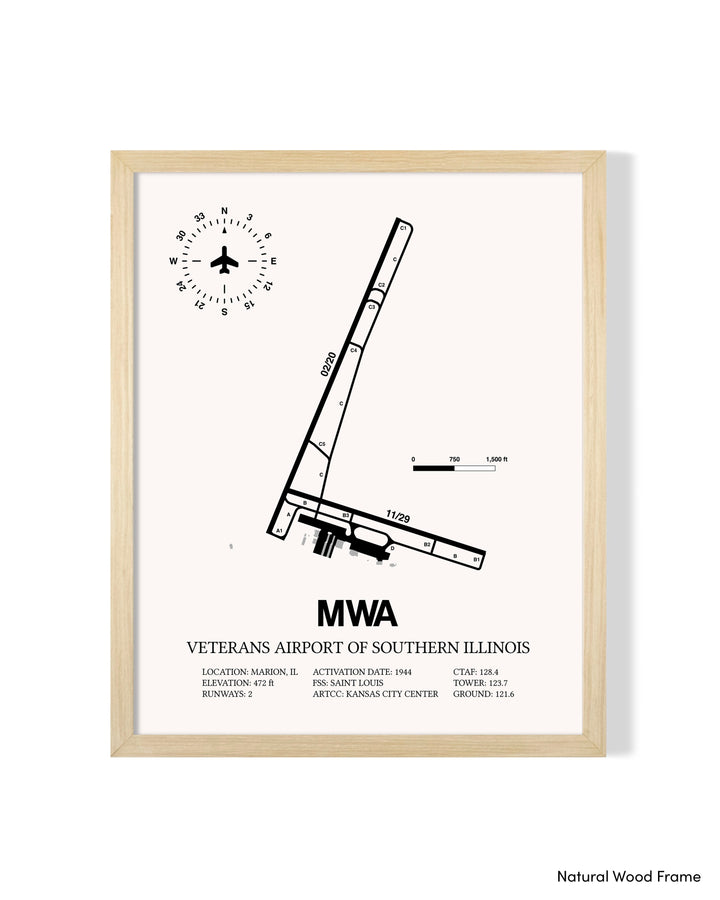 Detailed Airport Map of Veterans Airport Of Southern Illinois (MWA) in White with a Natural Frame